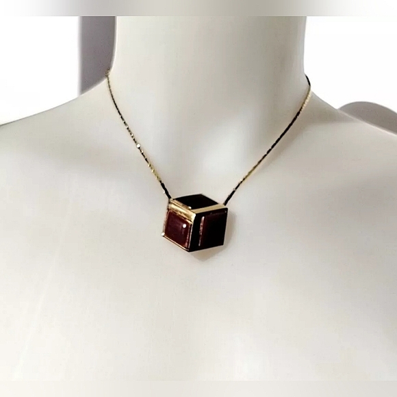 Vintage 80s Givenchy Gold Tone Enamel Cube Necklace Black Mauve Disco Modernist - Picture 2 of 11